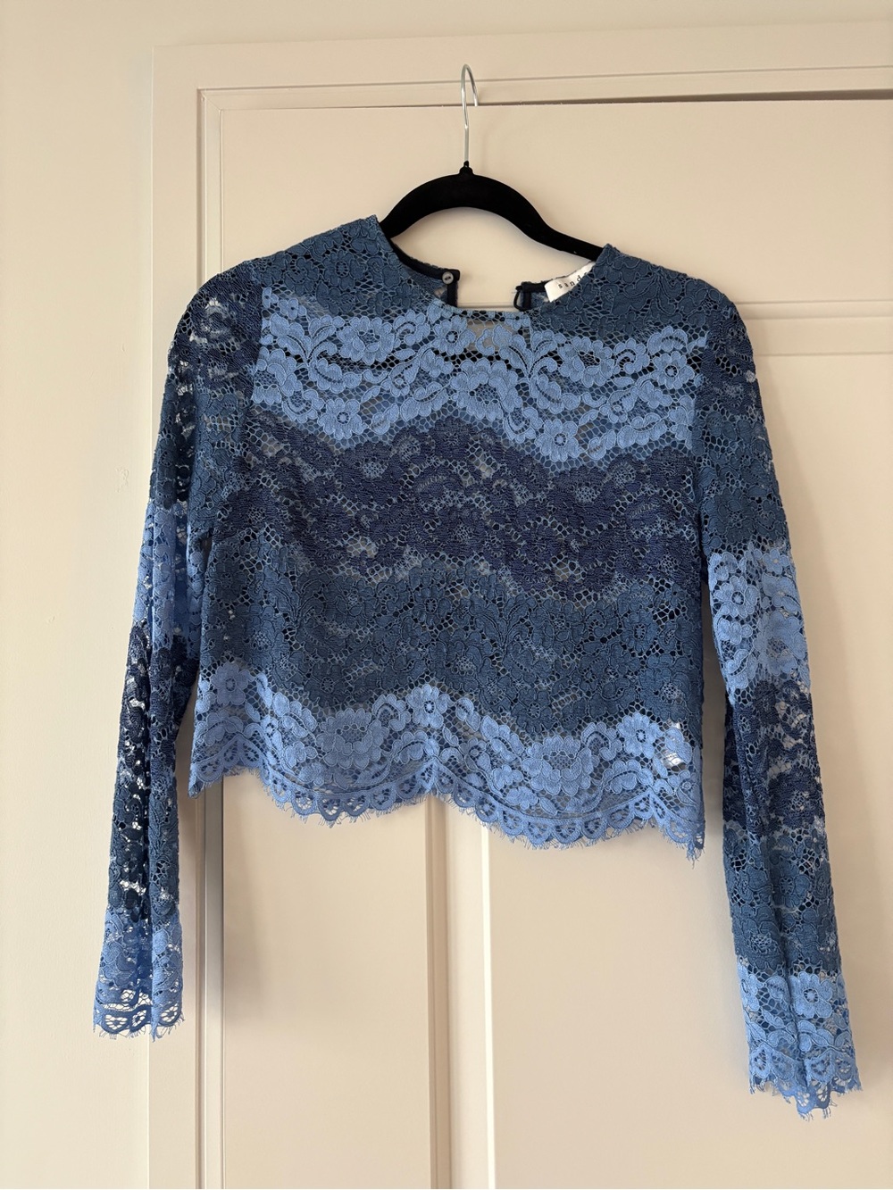 Sandro Blue Lace Long-Sleeve Crop Top